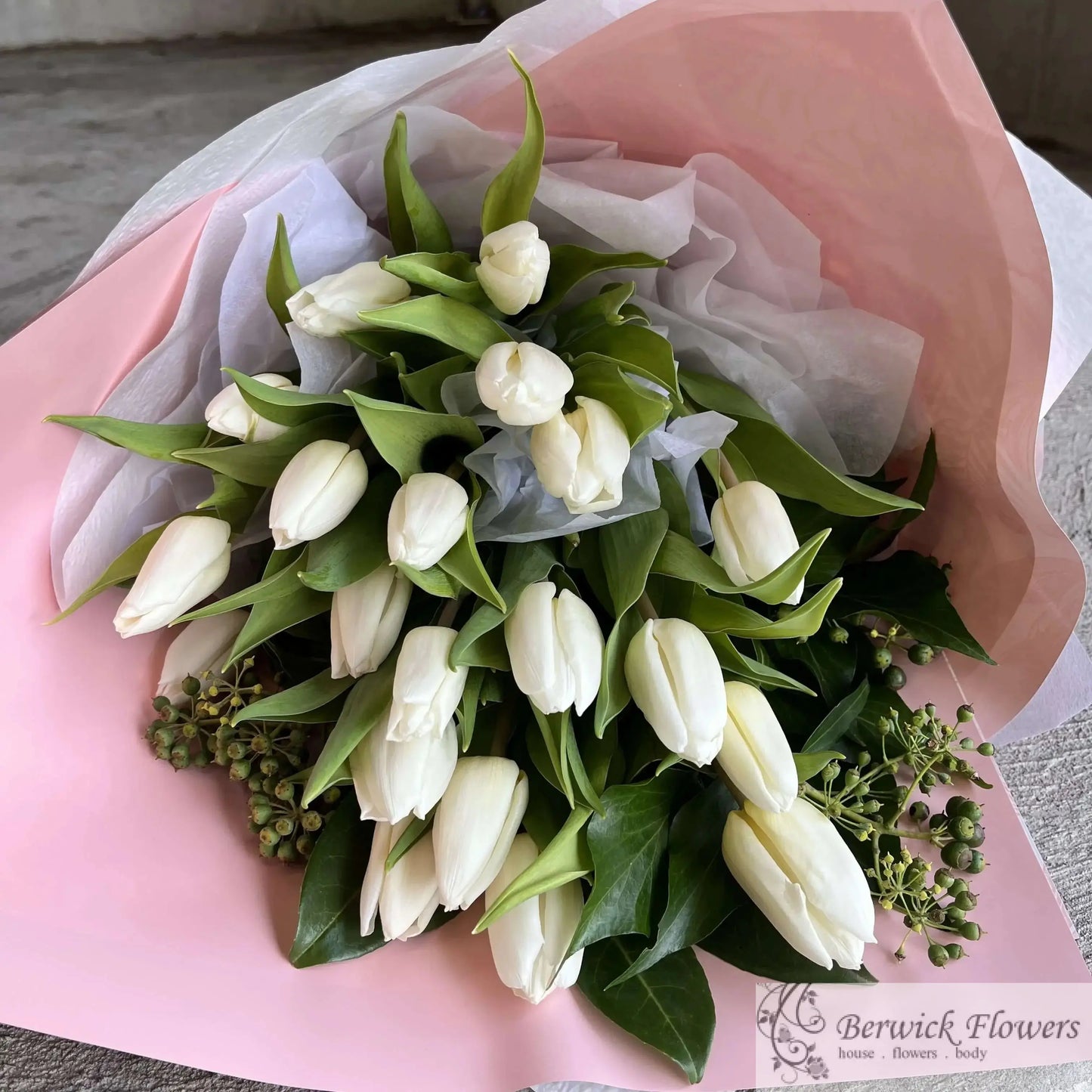 Bouquet of white tulips wrapped in pink paper on a gray surface