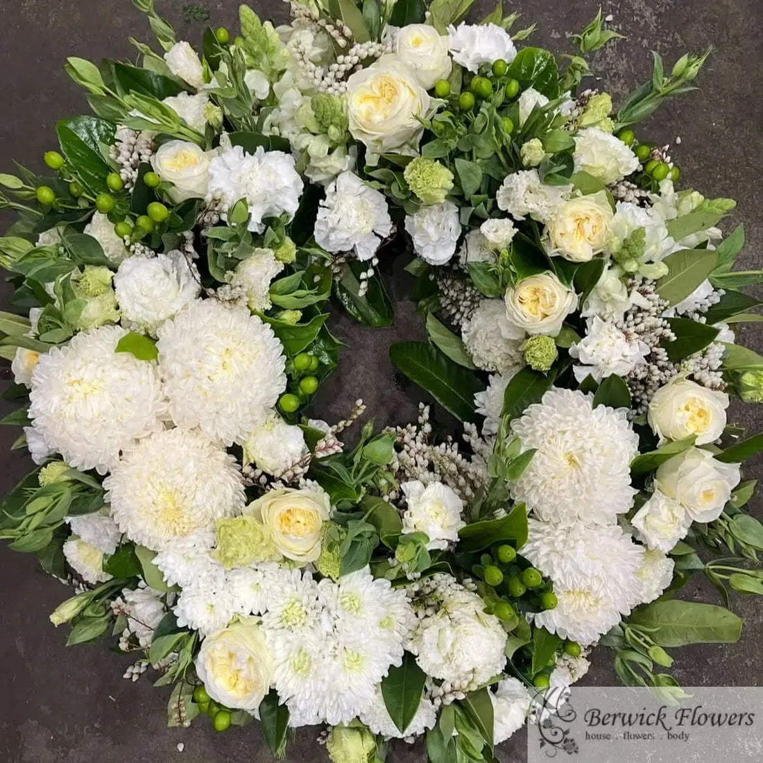 Pure White Sympathy Wreath: Elegant Berwick Tribute Berwick Flowers
