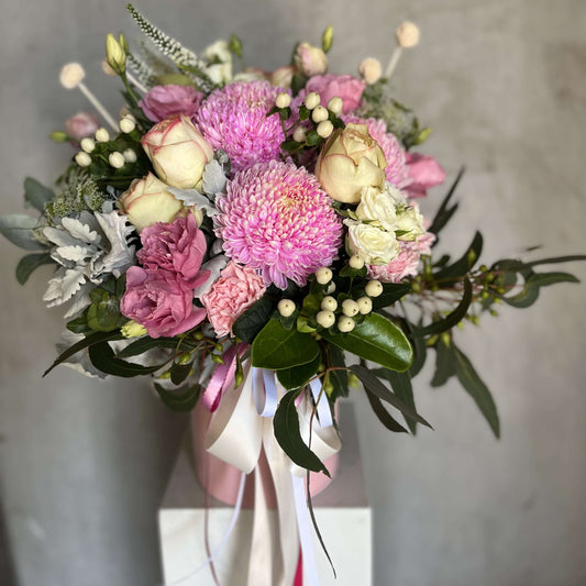 Mother's Day flower delivery Berwick bouquet featuring pink and white flowers with ribbons.