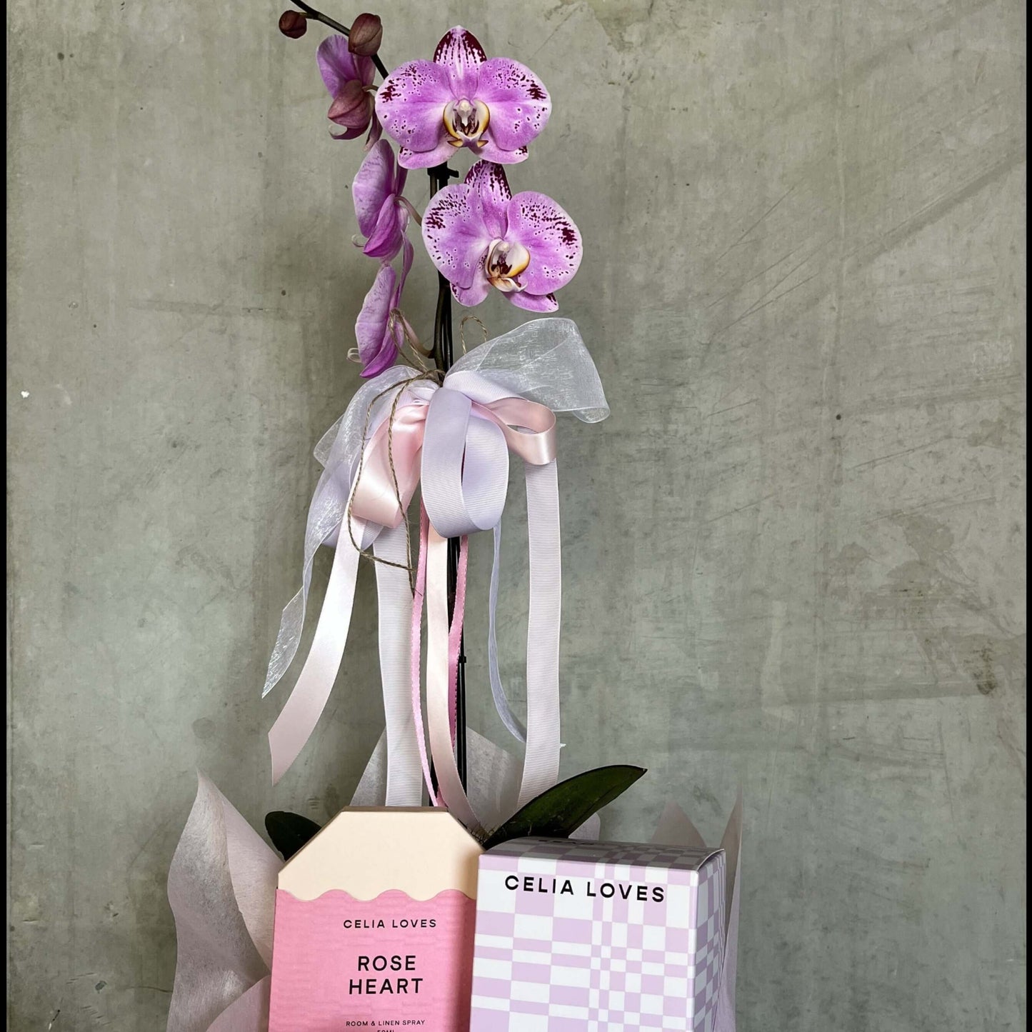 Beautiful flower arrangement with pink orchid and decorative packaging for Mother's Day | Florist near me.