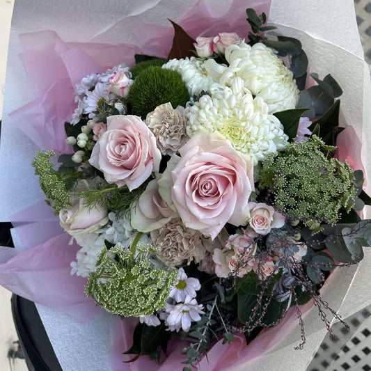Mother's Day flower bouquet Berwick featuring pink roses and white chrysanthemums with decorative greenery.